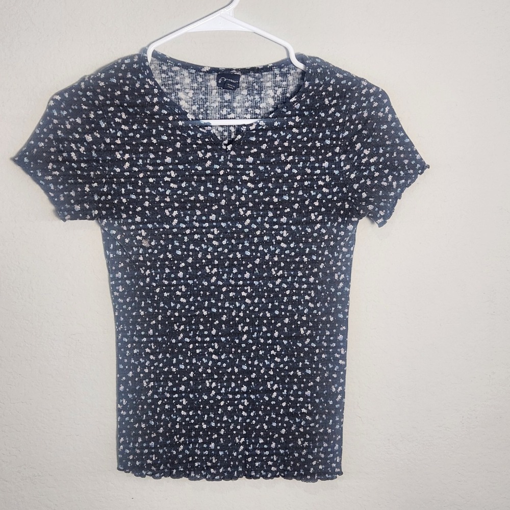 Art Class Girls XL 14/16 Navy Floral Ribbed Top Coquette Cottagecore Lettuce